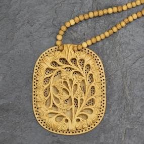 Elephant Shadow Hand Made Indian Floral Wood Pendant Necklace