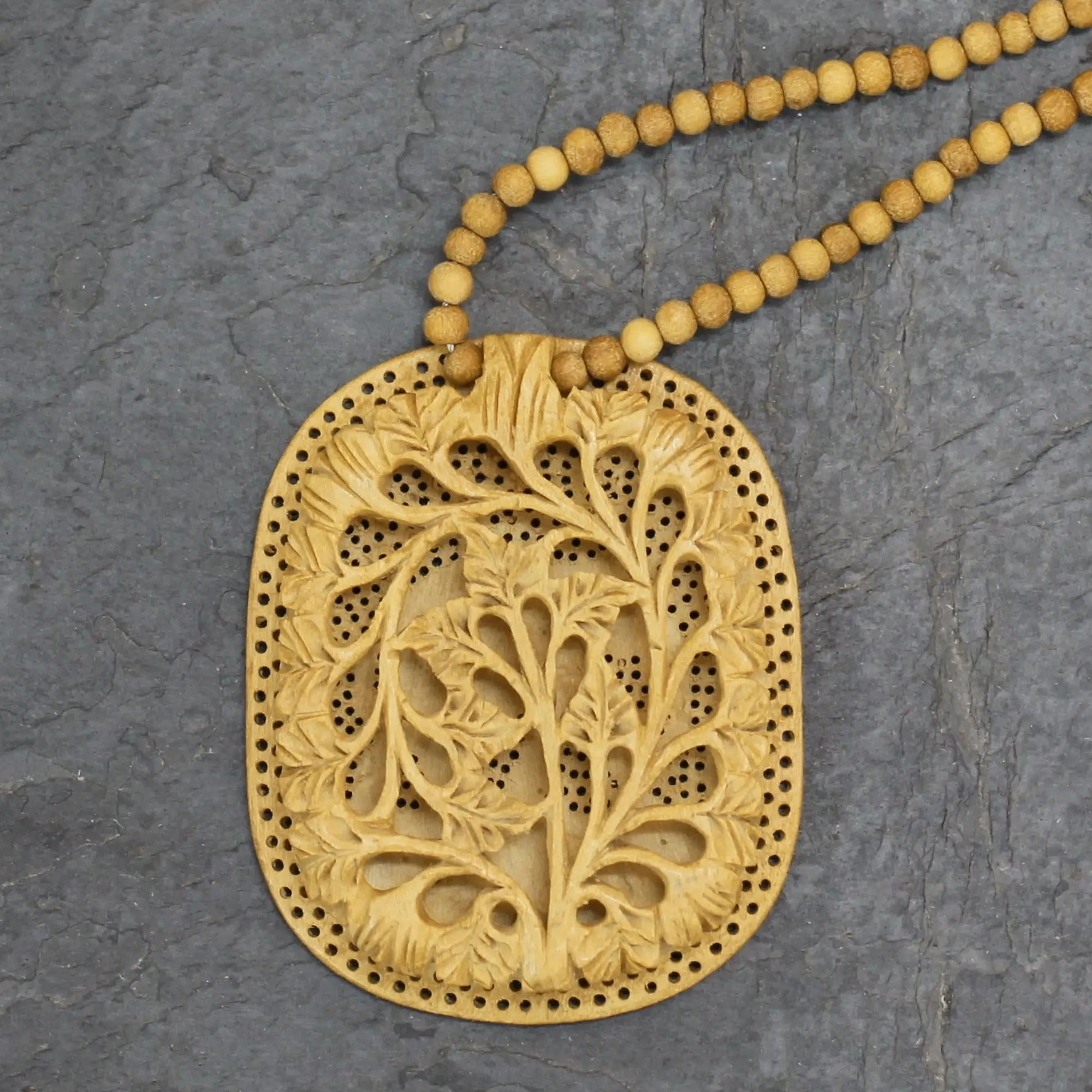Elephant Shadow Hand Made Indian Floral Wood Pendant Necklace