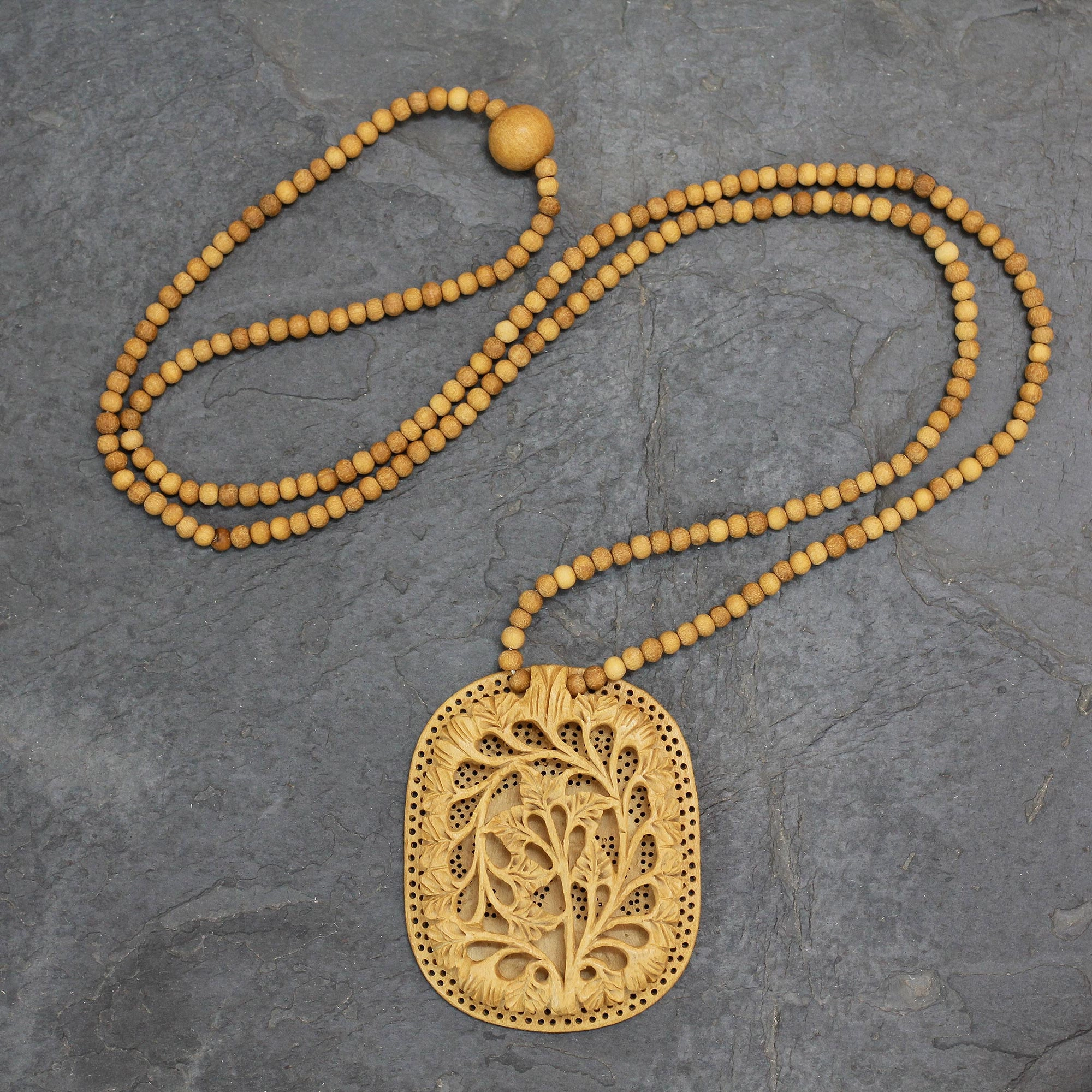 Elephant Shadow Hand Made Indian Floral Wood Pendant Necklace