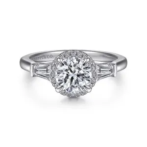 Elinor - 14K White Gold Round Three Stone Halo Diamond Engagement Ring (Setting Only)