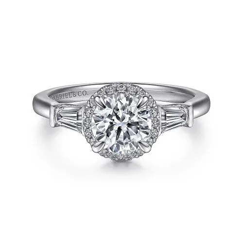 Elinor - 14K White Gold Round Three Stone Halo Diamond Engagement Ring (Setting Only)