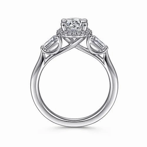 Elinor - 14K White Gold Round Three Stone Halo Diamond Engagement Ring (Setting Only)