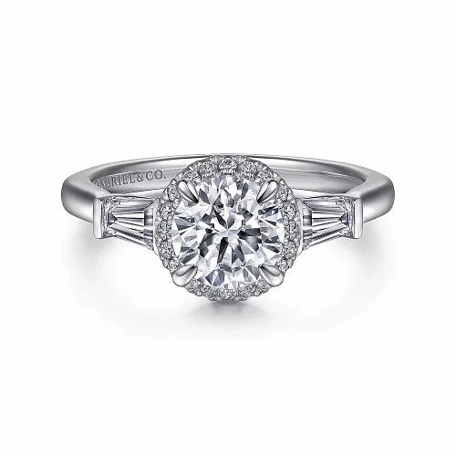 Elinor - 14K White Gold Round Three Stone Halo Diamond Engagement Ring (Setting Only)