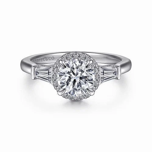 Elinor - 14K White Gold Round Three Stone Halo Diamond Engagement Ring (Setting Only)