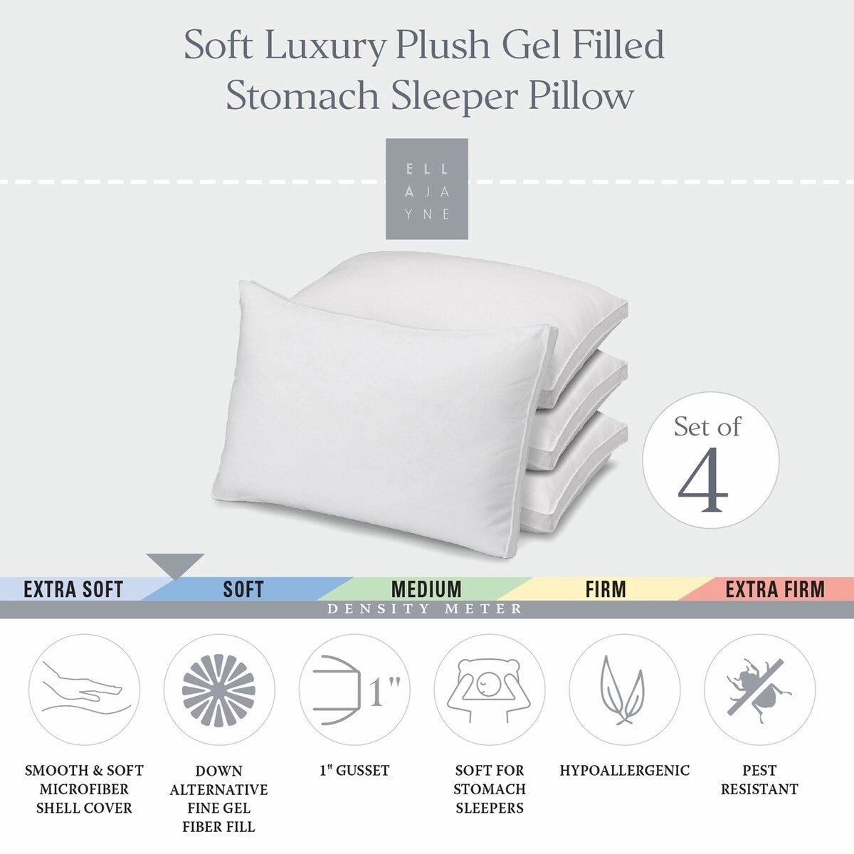 Ella Jayne Gusseted Soft Plush Down Alternative Stomach Sleeper Pillow, Set of 4