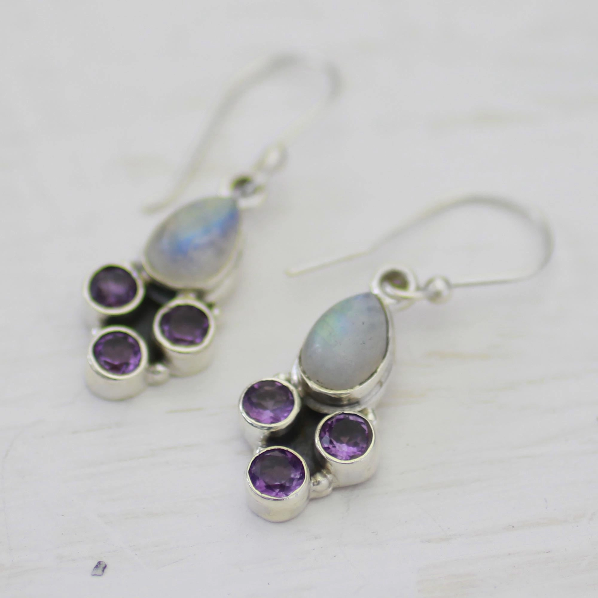 Enthralling Sky in Purple Rainbow Moonstone and Amethyst Dangle Earrings from India