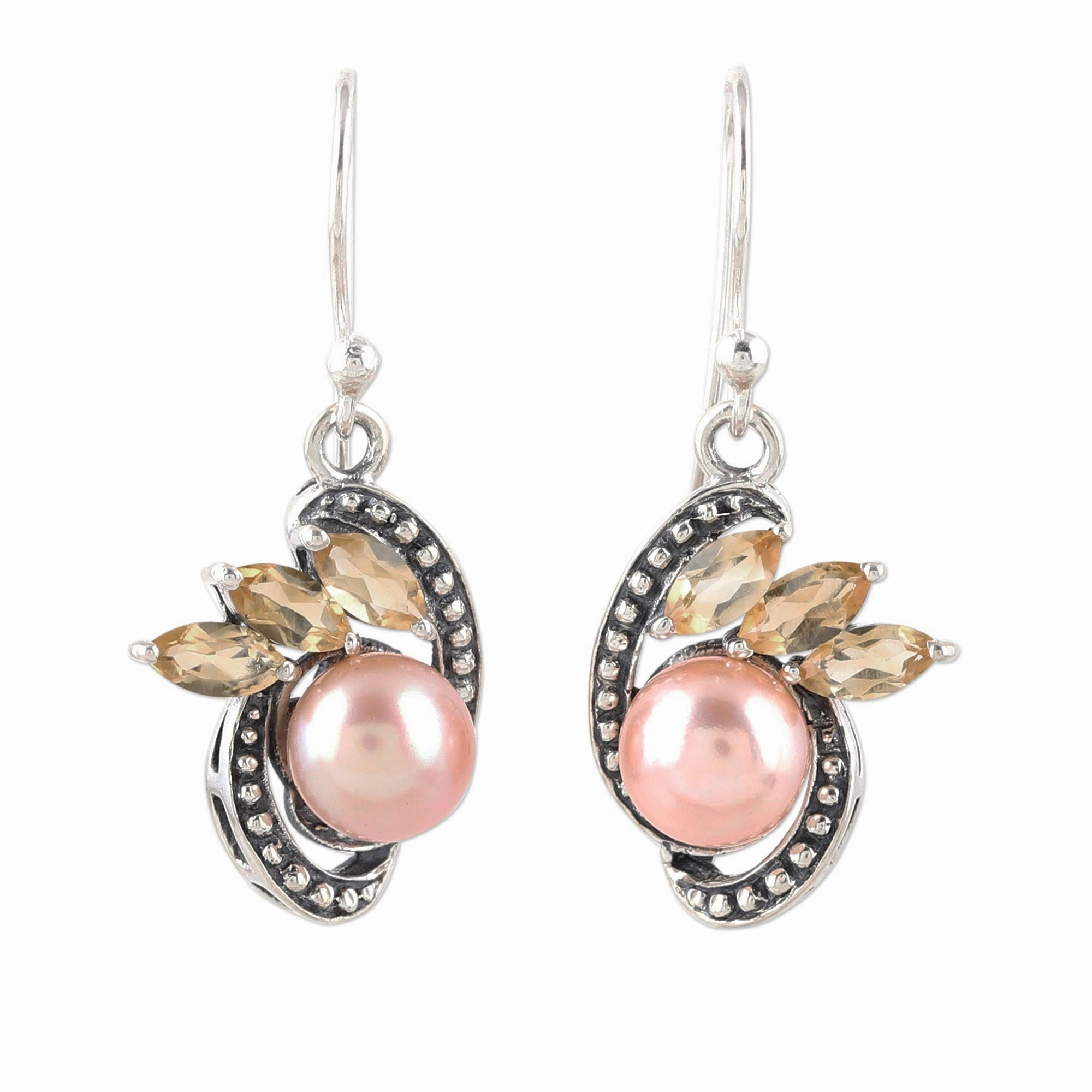 Eternal Essence in Peach Peach Cultured Pearl and Citrine Dangle Earrings from India