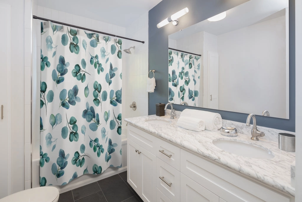 Eucalyptus Leaves Shower Curtain | Teal Green White