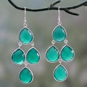 Evergreen Chandelier Handmade Green Onyx and Sterling Silver Chandelier Earrings