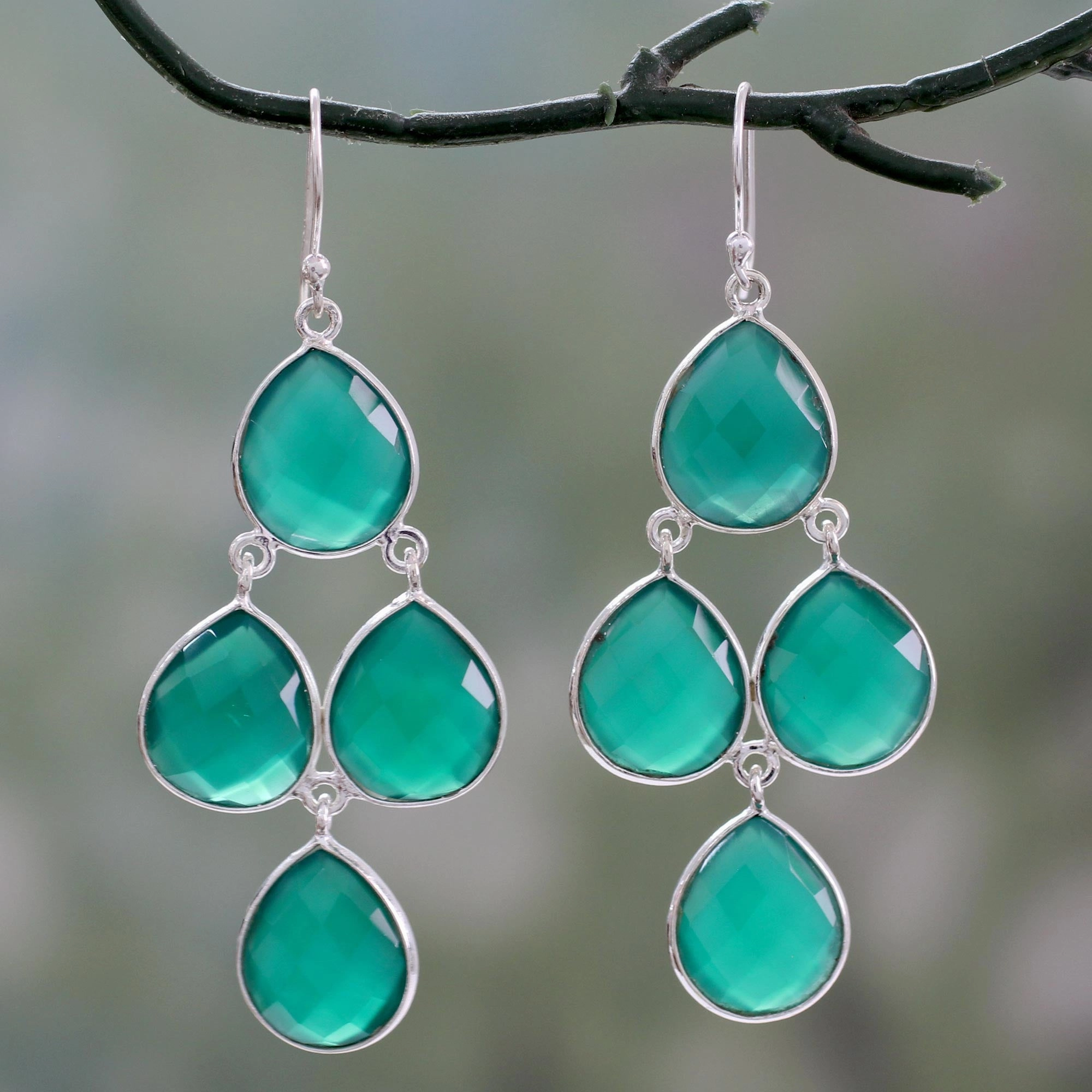 Evergreen Chandelier Handmade Green Onyx and Sterling Silver Chandelier Earrings