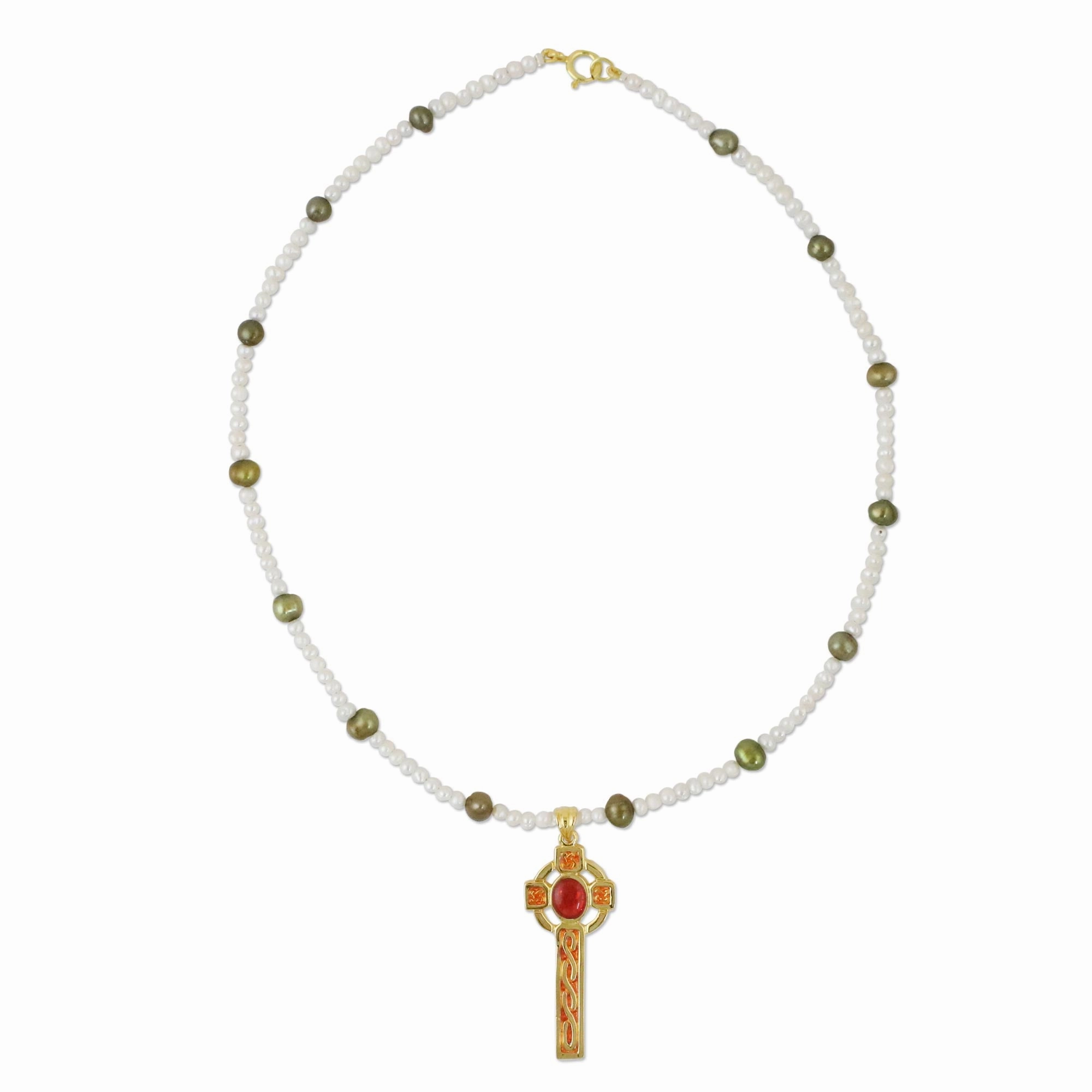 Faithful Soul in Red Gold Plated Cultured Pearl Red Cross Necklace from Thailand