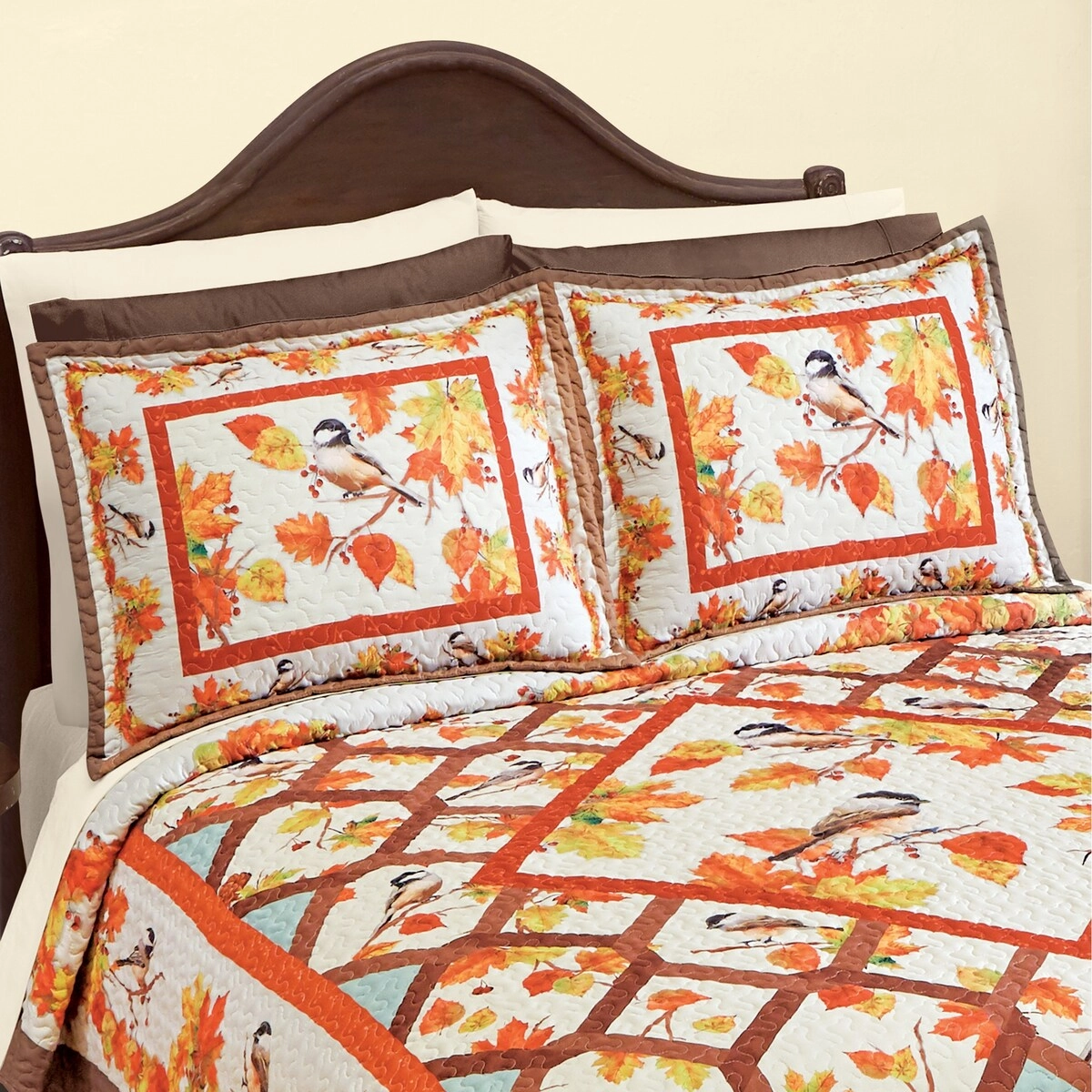 Fall Chickadee and Leaves Lattice Design Pillow Sham