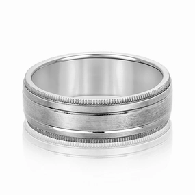 Fancy Brushed Men's Wedding Band with Double Line and Milgrain Edges