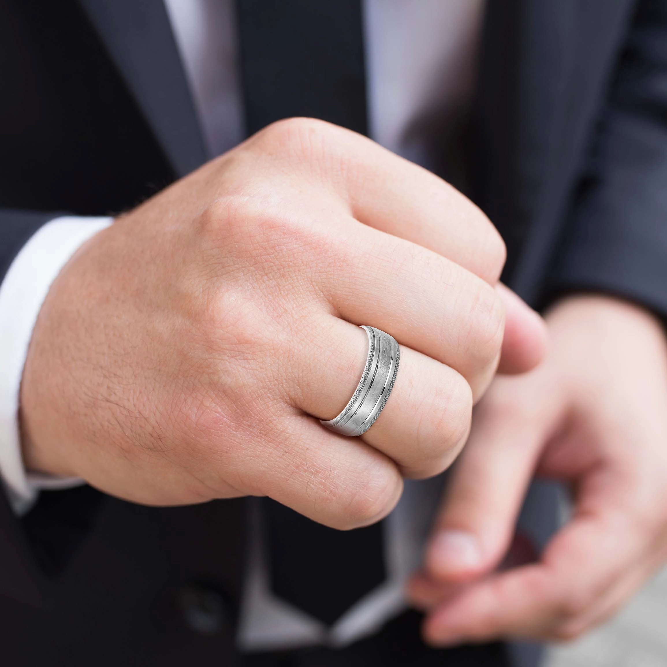 Fancy Brushed Men's Wedding Band with Double Line and Milgrain Edges