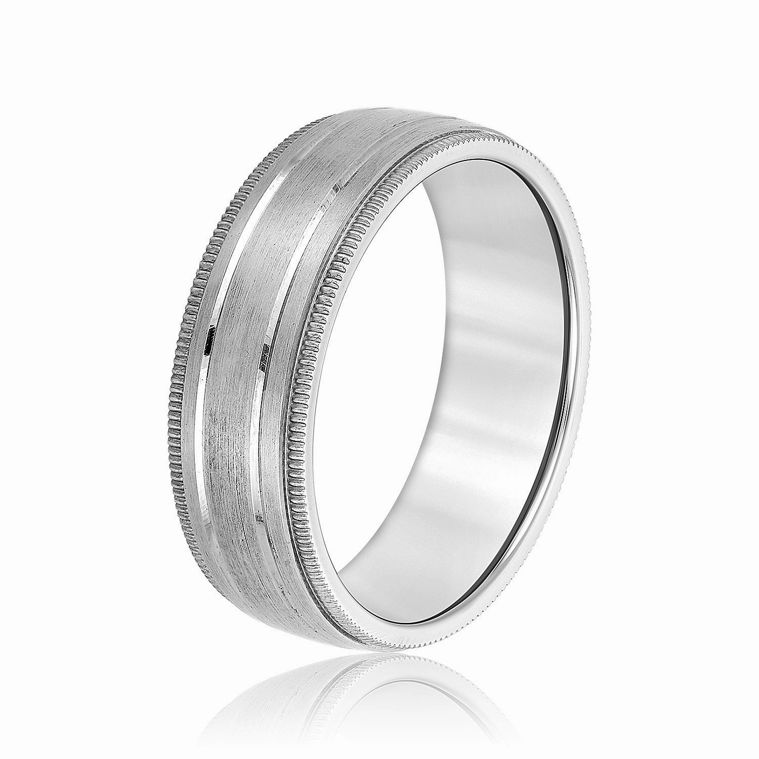 Fancy Brushed Men's Wedding Band with Double Line and Milgrain Edges