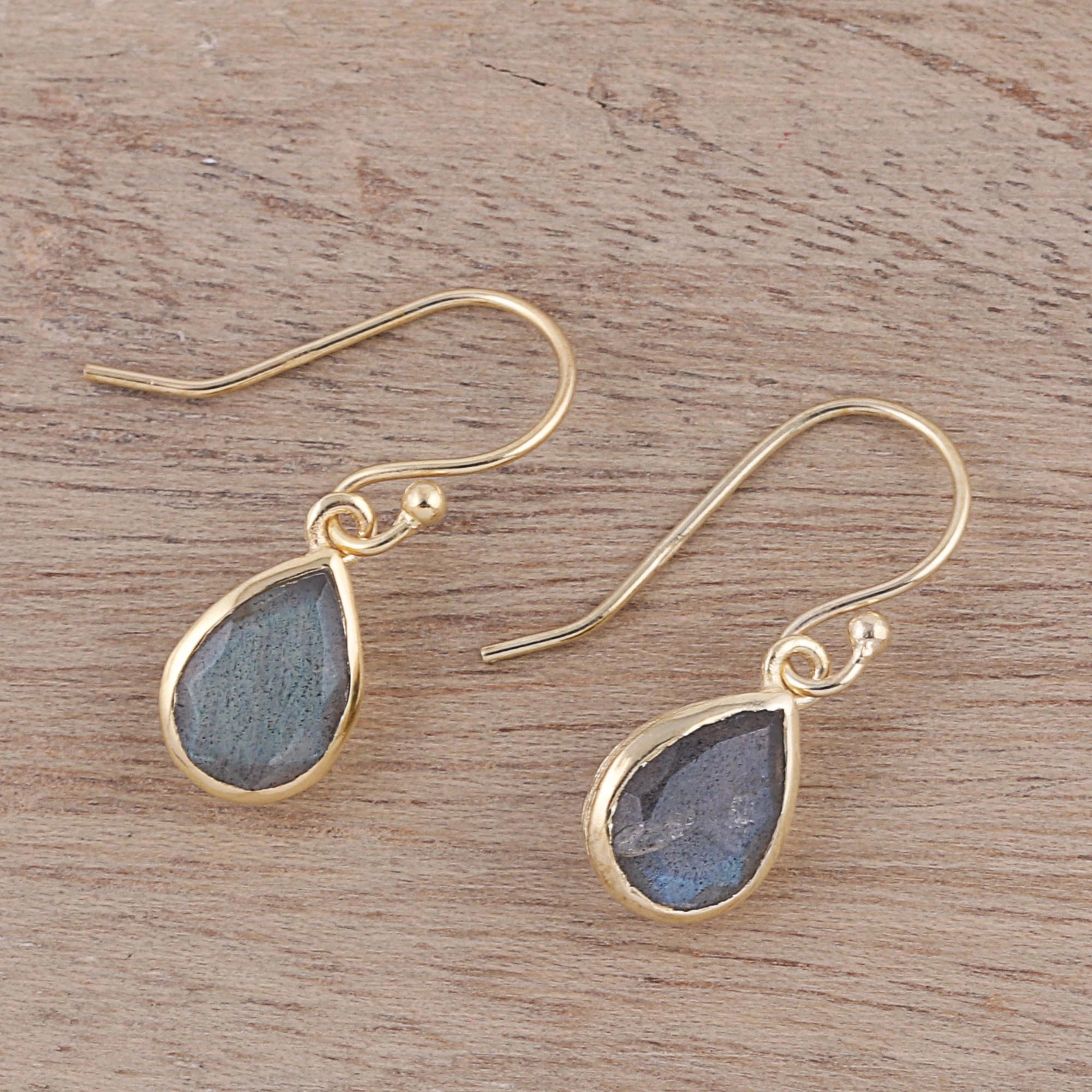 Fantastic Drops Gold Plated 4-Carat Labradorite Dangle Earrings from India