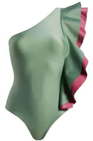 Farm Rio Women Ruffled One Shoulder Strap One Piece Swimsuit Green