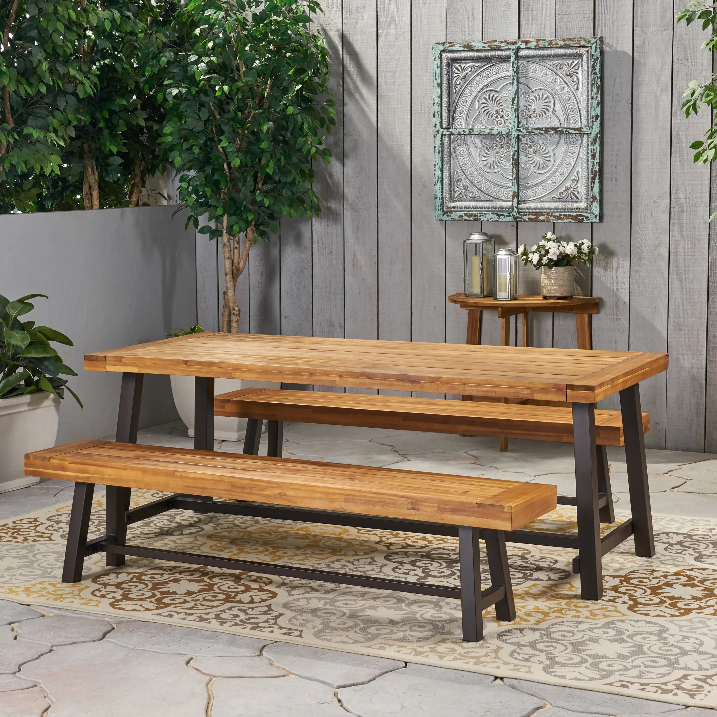 Farmhouse Outdoor Acacia Wood Picnic Dining Set - NH990013 patio chairs, outdoor seating