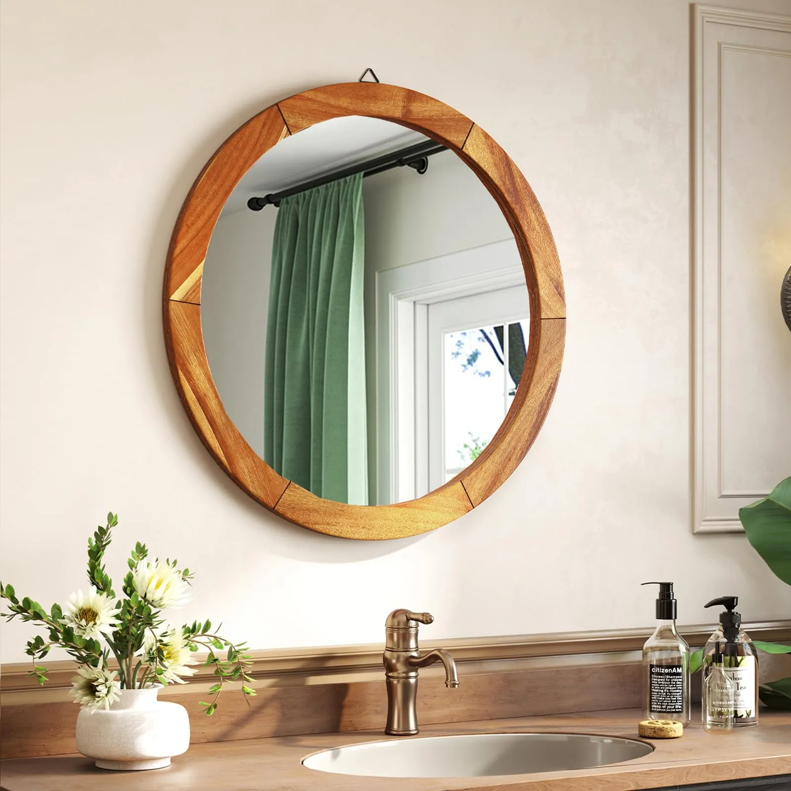 Farmhouse Wall Mirror Round Mirror with Solid Acacia Wood Frame bathroom organizer, toilet brush holder