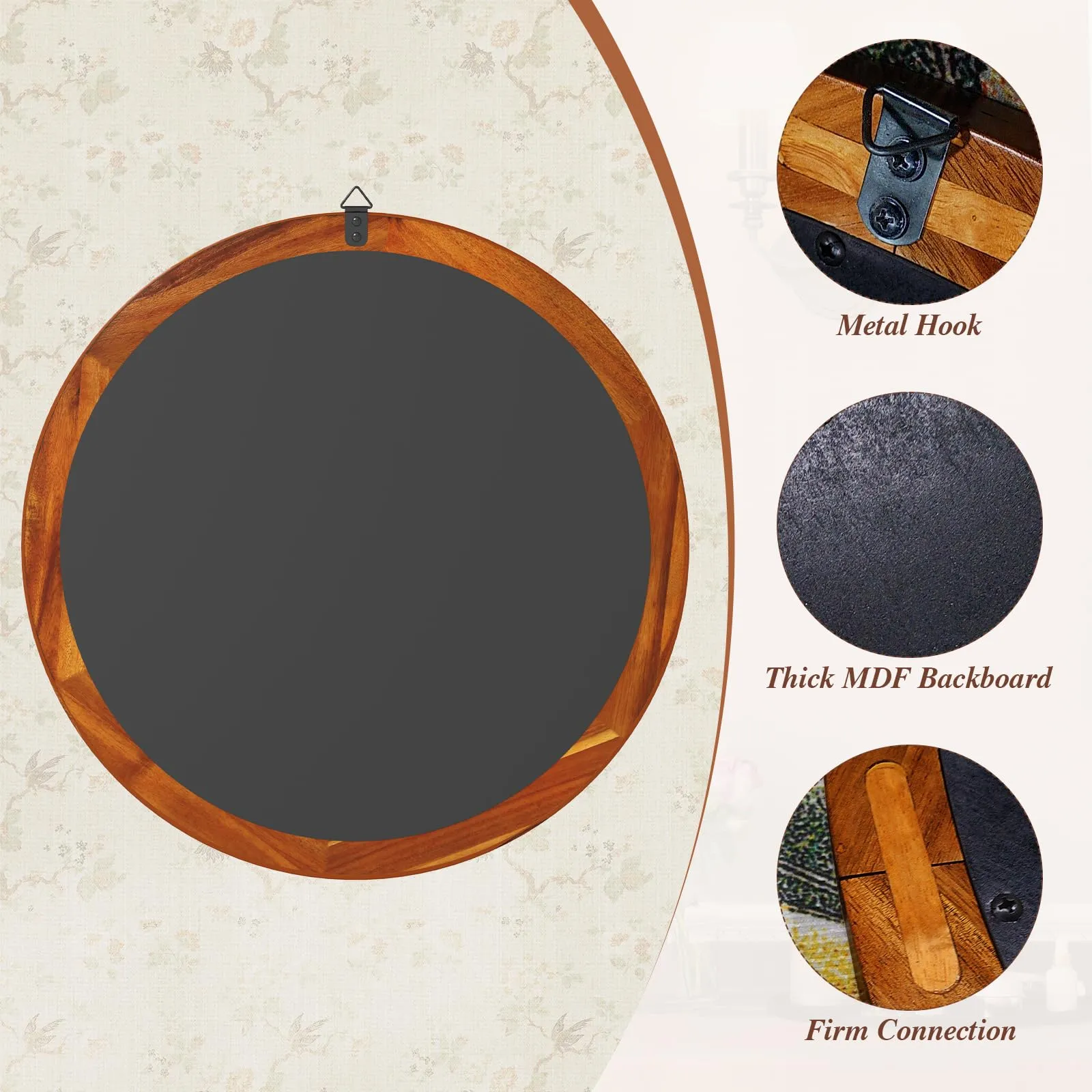 Farmhouse Wall Mirror Round Mirror with Solid Acacia Wood Frame