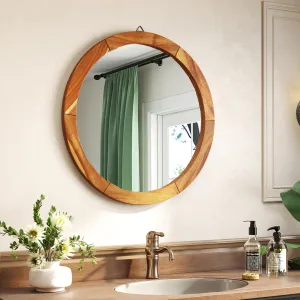 Farmhouse Wall Mirror Round Mirror with Solid Acacia Wood Frame bathroom organizer, toilet brush holder