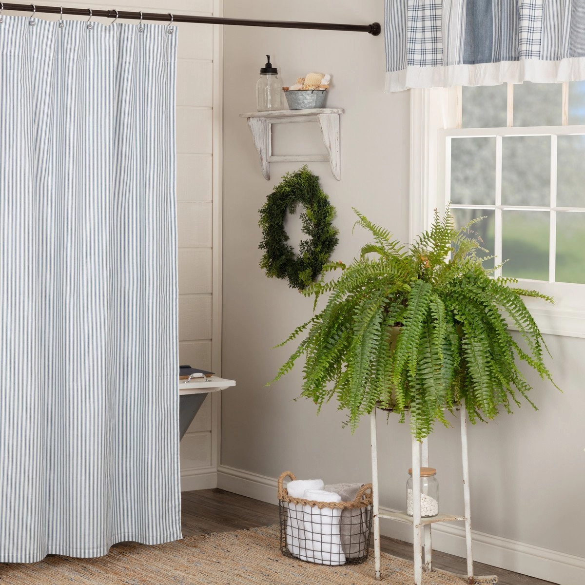 Farmstead Blue Ticking Stripe Shower Curtain Lighting,Lamps Fixtures