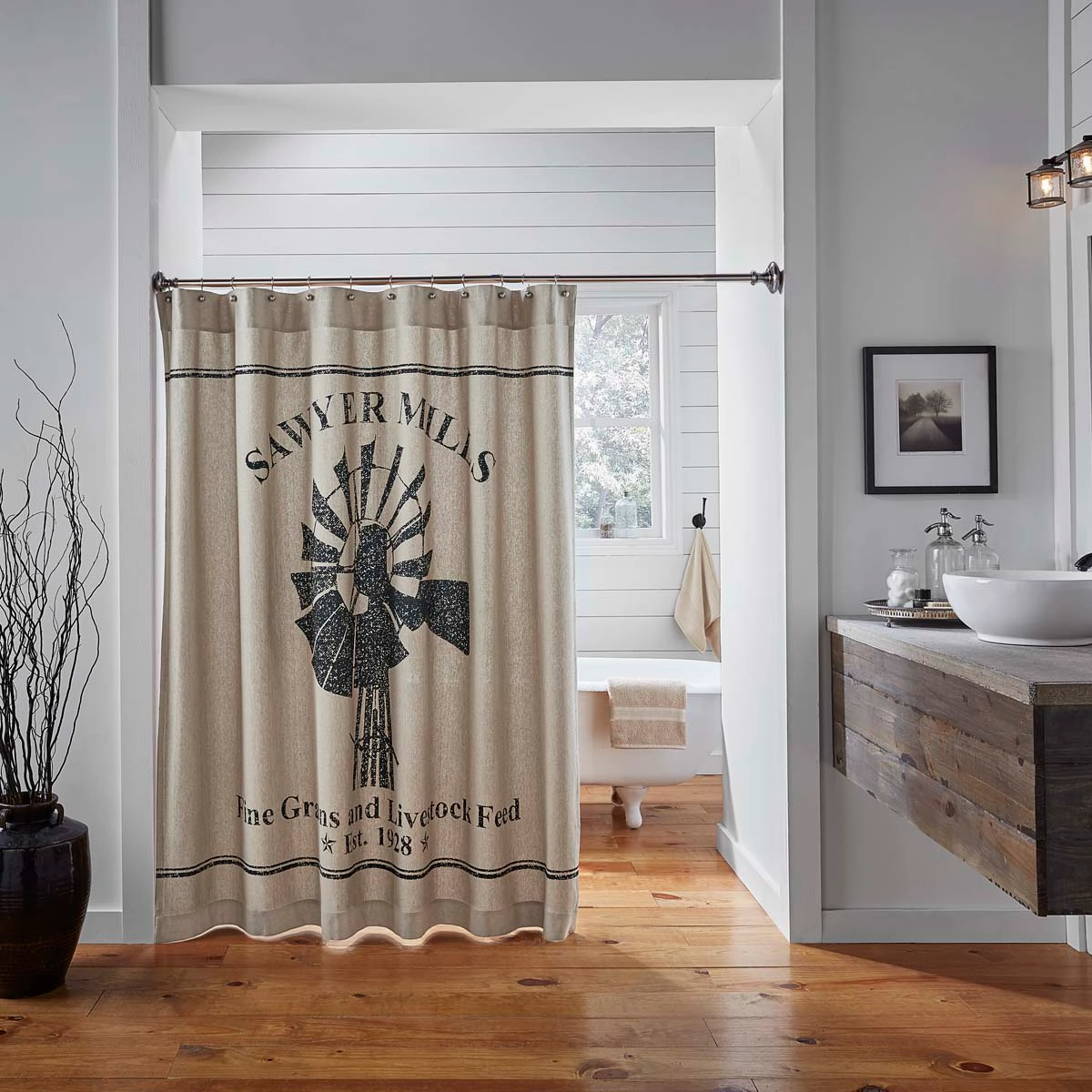 Farmstead Charcoal Windmill Shower Curtain