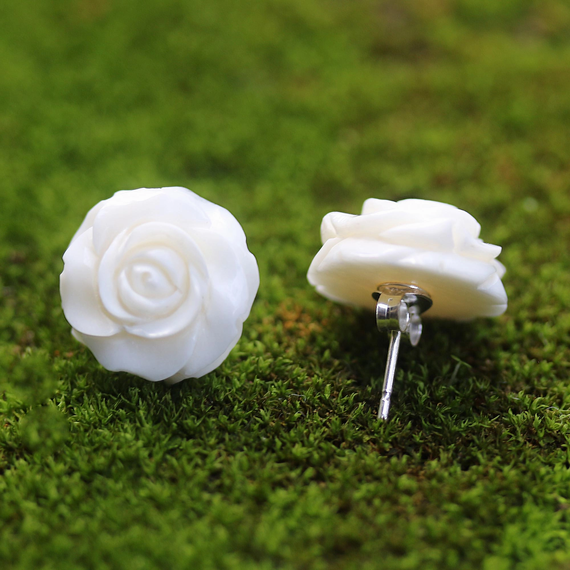 Fascinating Roses Hand-Carved Bone Rose Button Earrings from Bali