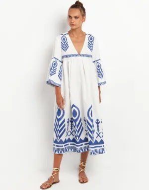 Feather Bell Sleeve Kaftan - White and Blue