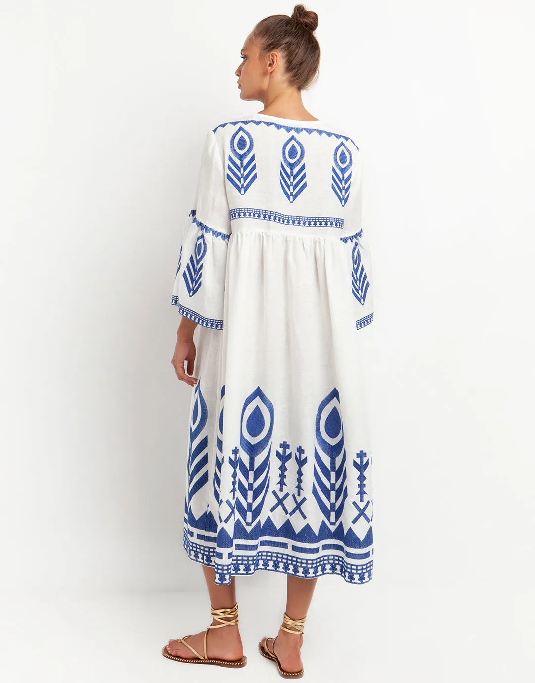 Feather Bell Sleeve Kaftan - White and Blue