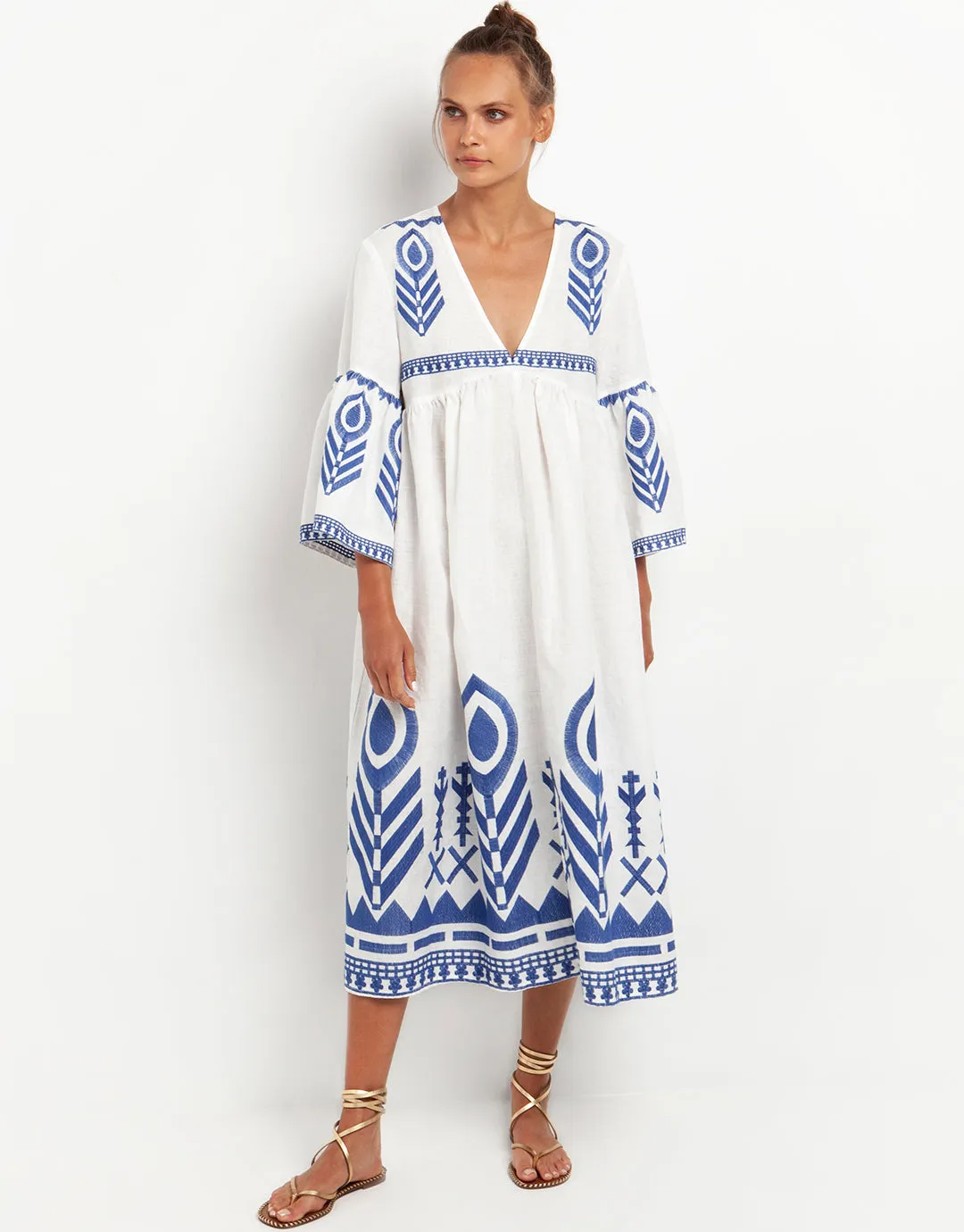 Feather Bell Sleeve Kaftan - White and Blue