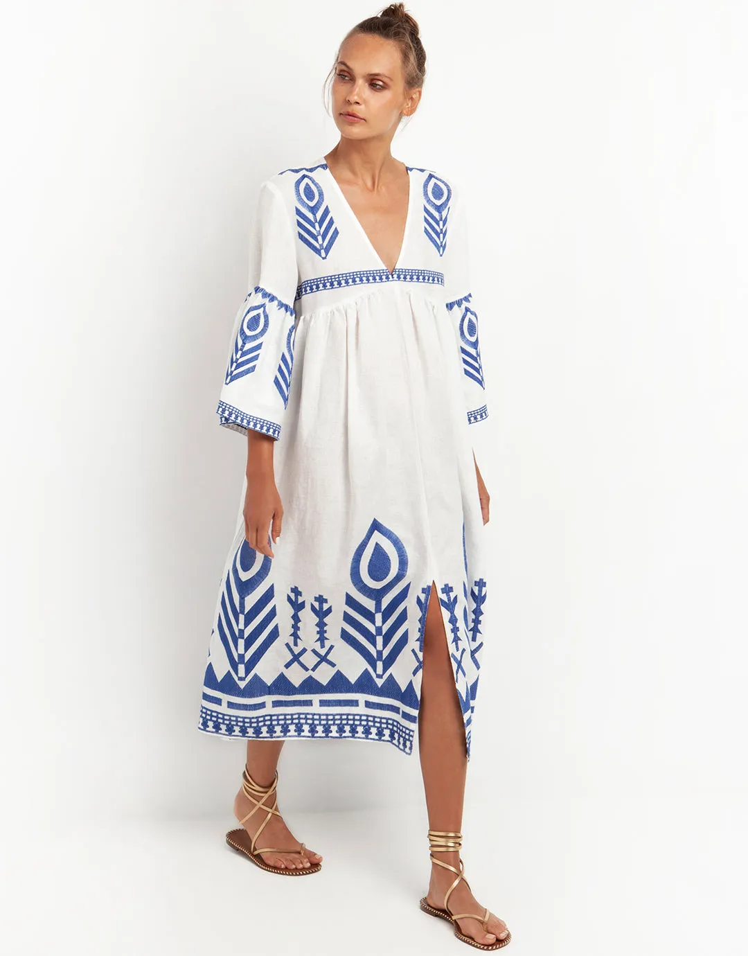 Feather Bell Sleeve Kaftan - White and Blue