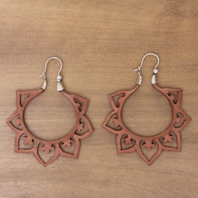Fiery Lotus Balinese Wood and Sterling Silver Handmade Hoop Earrings