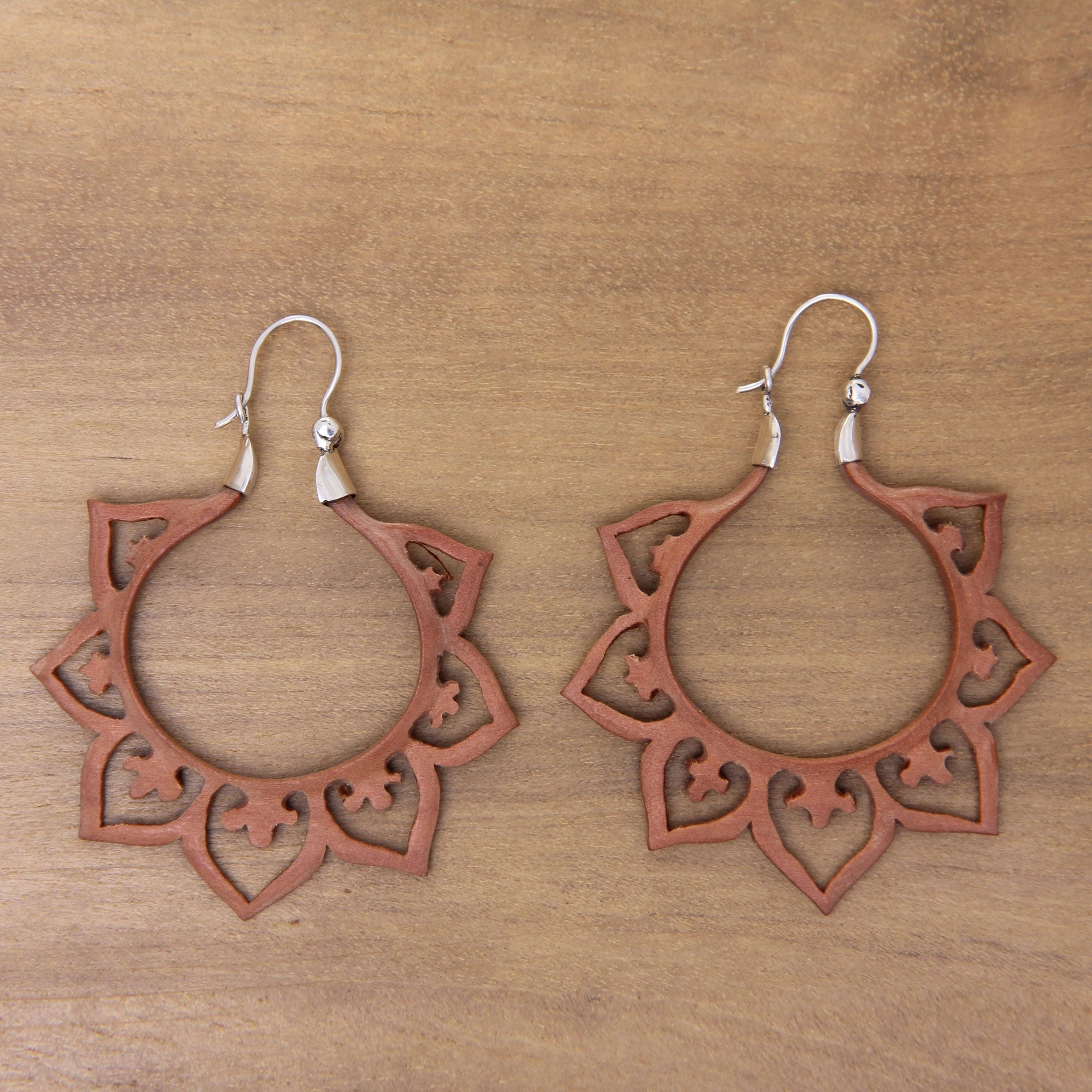 Fiery Lotus Balinese Wood and Sterling Silver Handmade Hoop Earrings