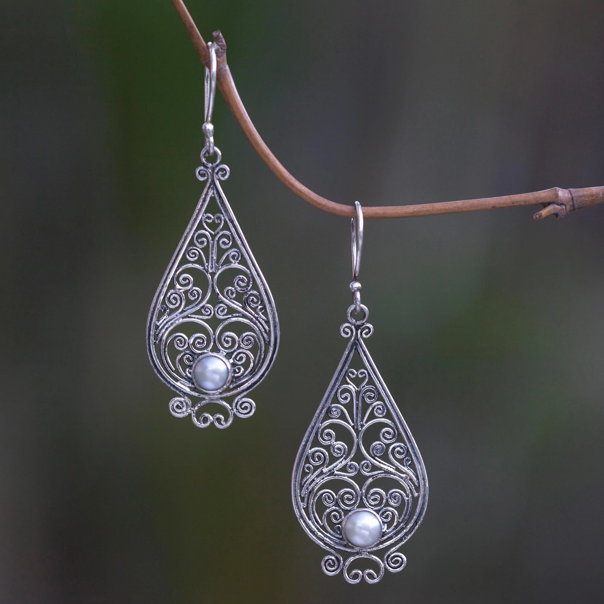 Filigree Tendrils Balinese Cultured Pearl Silver Filigree Handcrafted Earrings