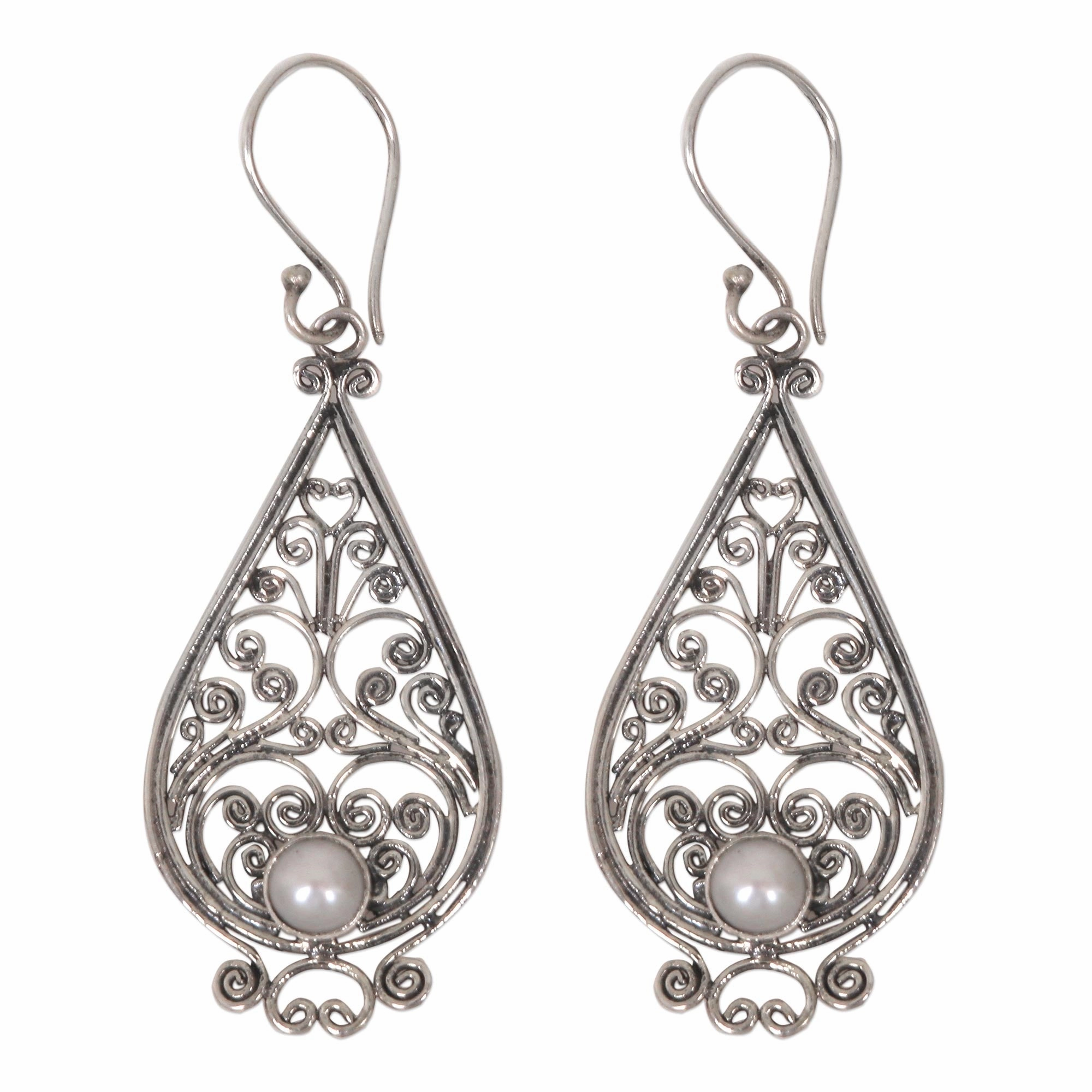 Filigree Tendrils Balinese Cultured Pearl Silver Filigree Handcrafted Earrings