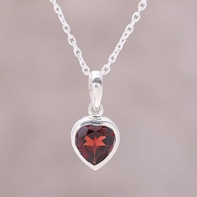 Flaming Heart Sterling Silver Red Garnet Flaming Heart Pendant Necklace