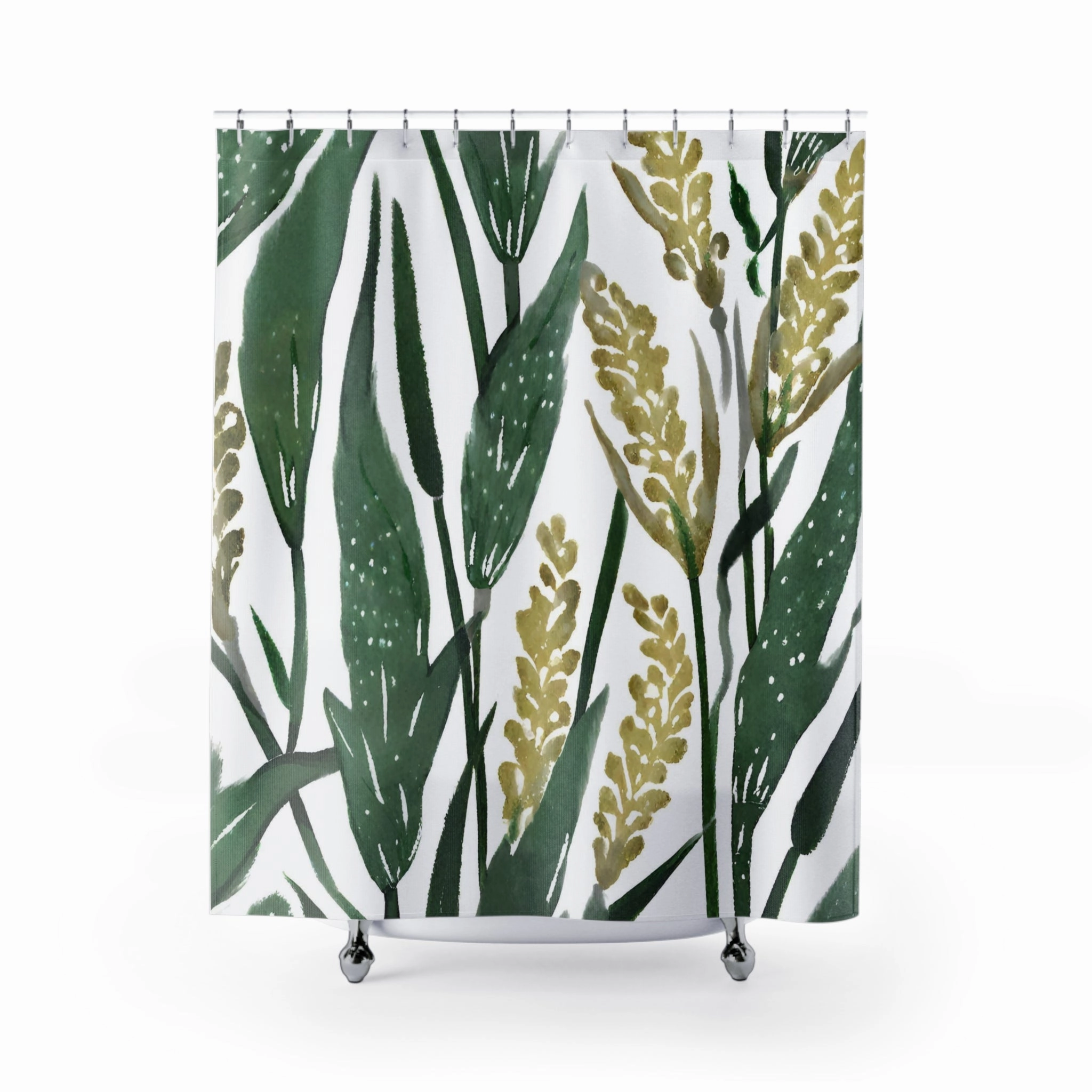 Floral Boho Shower Curtain | Sage Green Leaves, White Lighting,Home Lighting