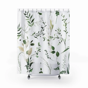 Floral Boho Shower Curtain | Watercolor White Forest Green Leaves Lighting,Home Lighting