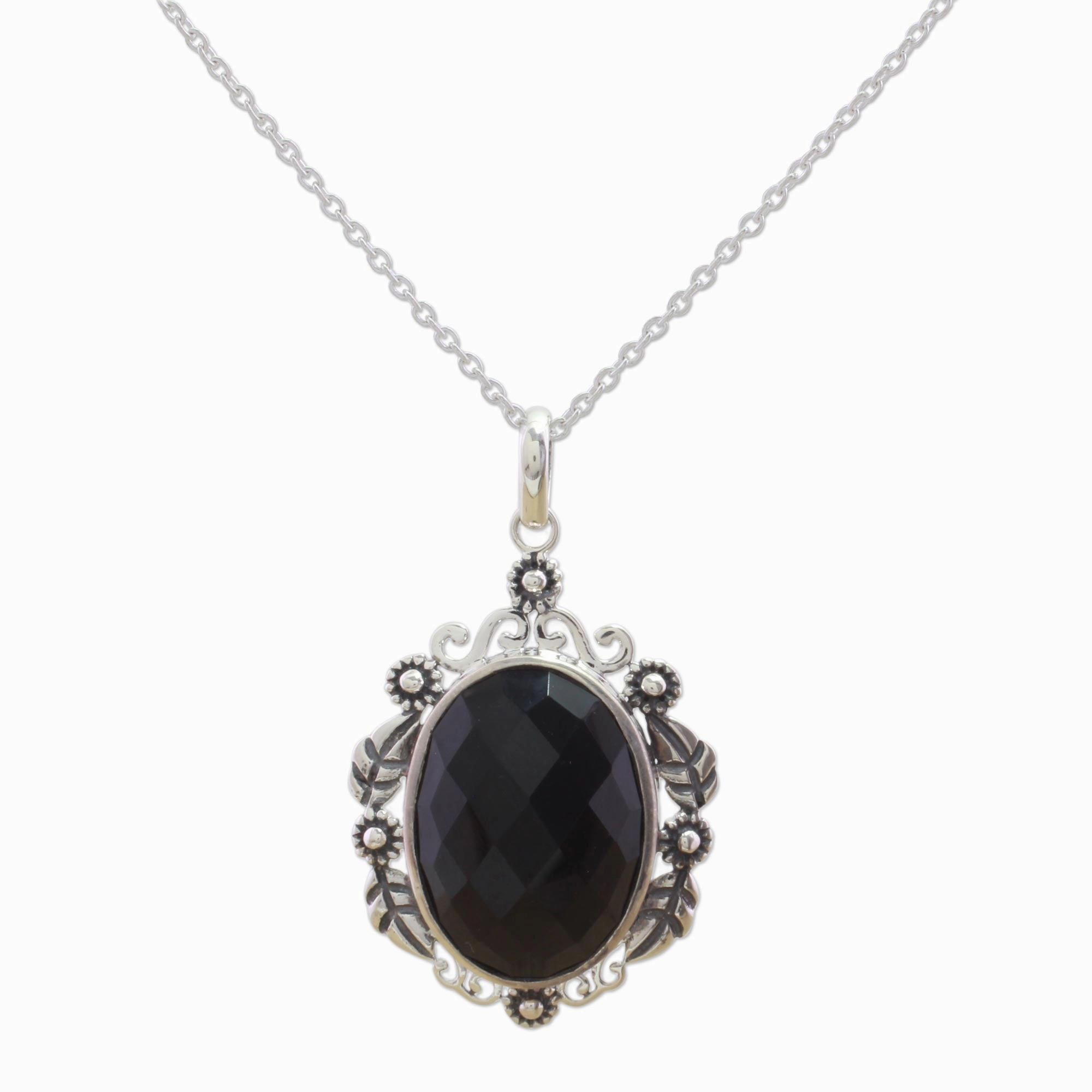 Floral Midnight Allure Sterling Silver and Faceted Onyx Floral Necklace from India