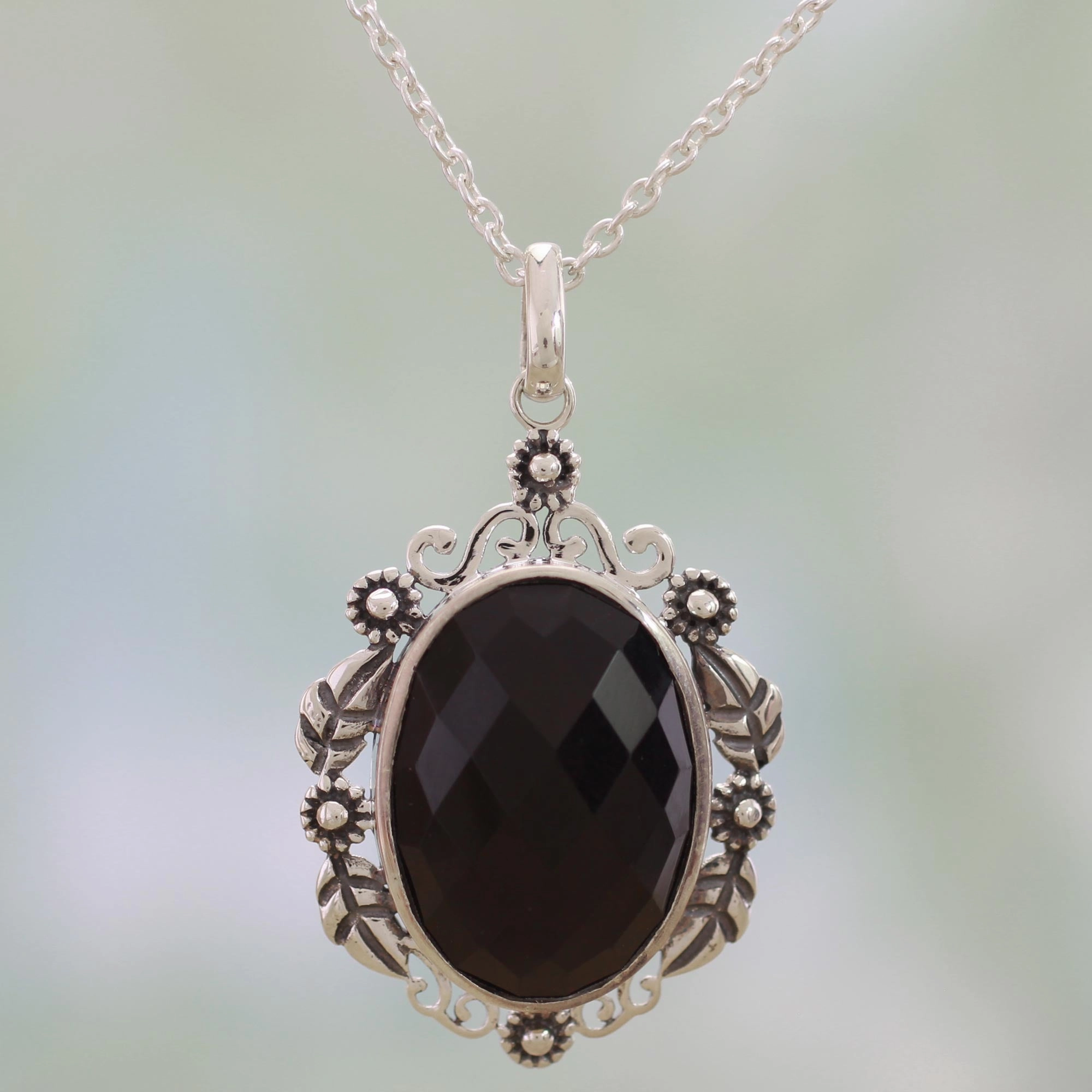 Floral Midnight Allure Sterling Silver and Faceted Onyx Floral Necklace from India