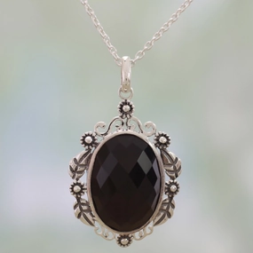 Floral Midnight Allure Sterling Silver and Faceted Onyx Floral Necklace from India