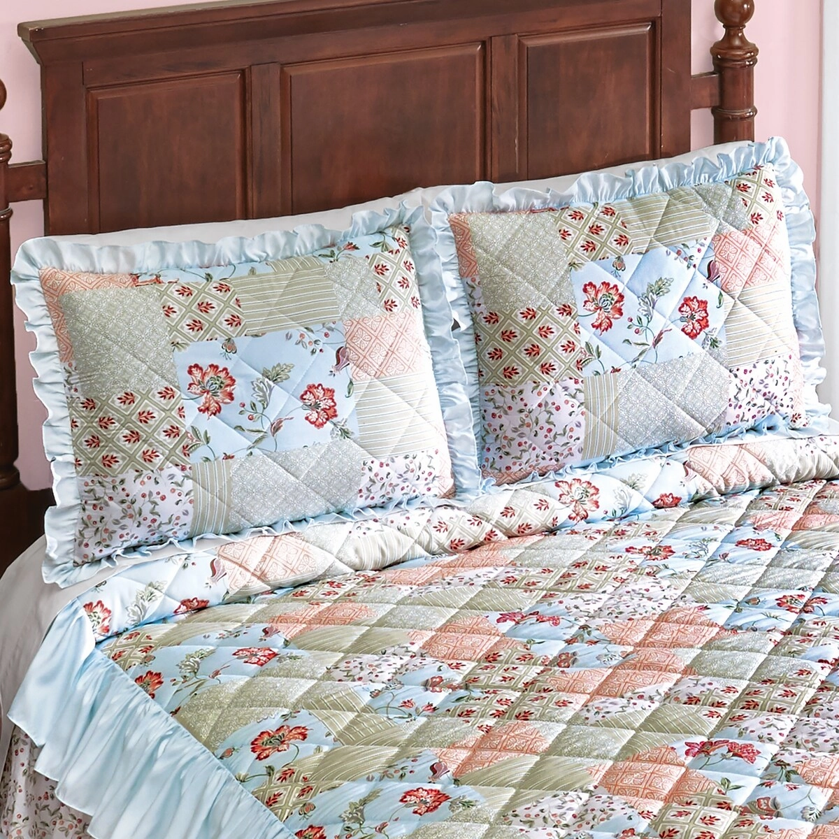 Floral Patchwork Triple Ruffle Diamond Quilted Pillow Sham