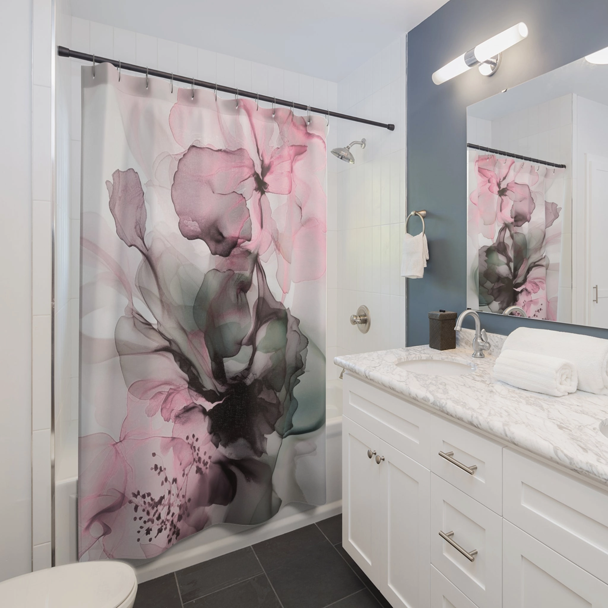 Floral Shower Curtain | Abstract Alcohol Ink, Pink Green Grey