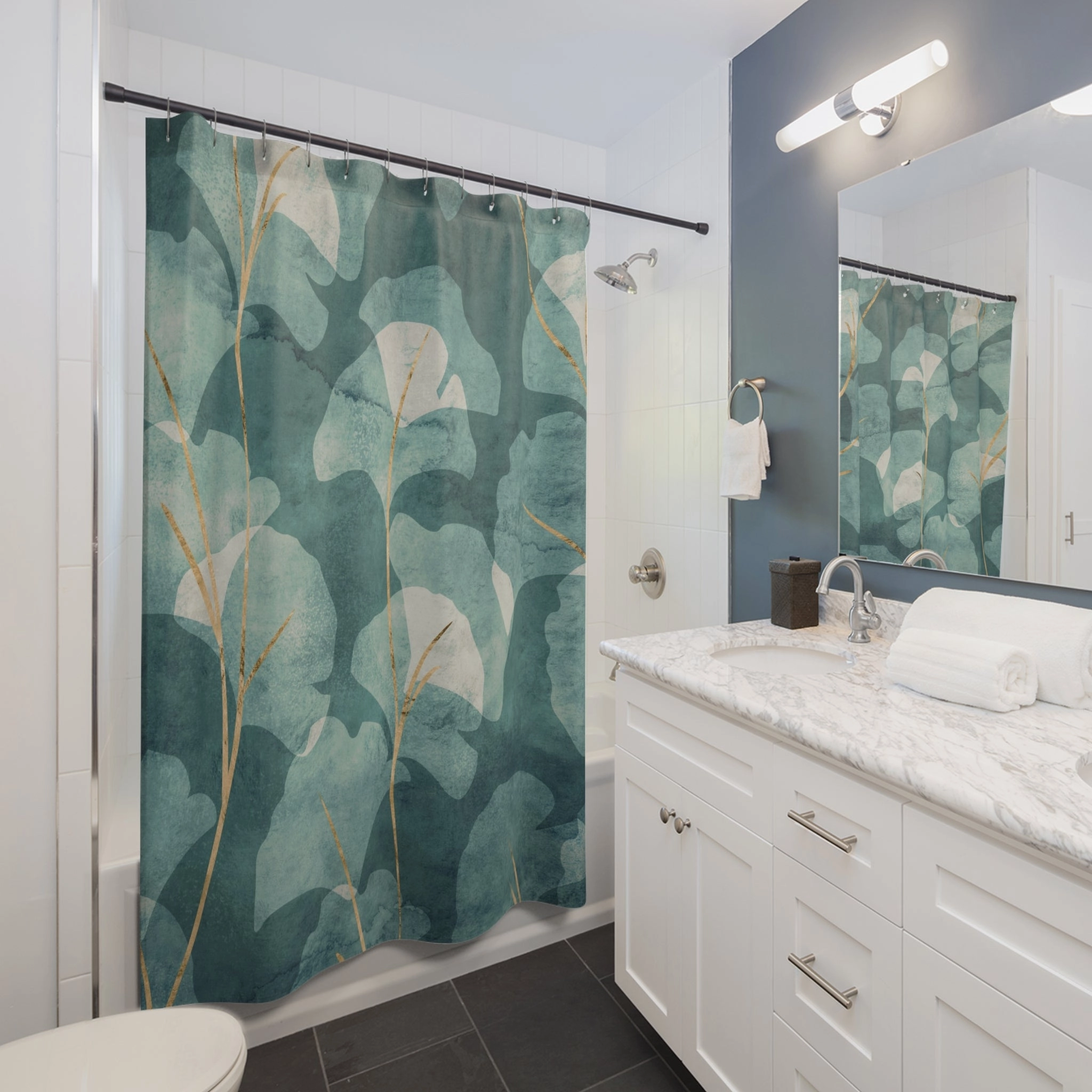 Floral Shower Curtain | Abstract Gingko Leaves, Green
