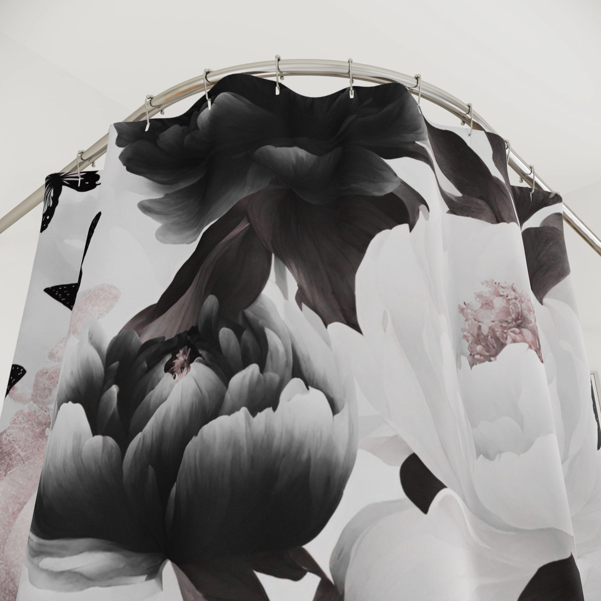 Floral  Shower Curtain | Black White Butterflies
