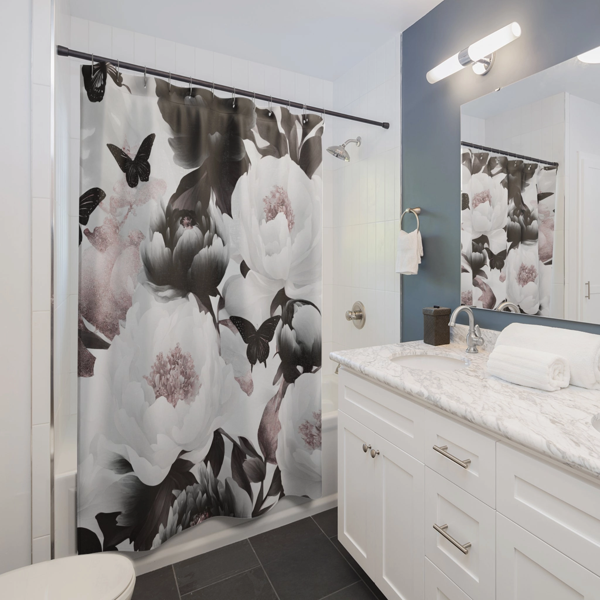 Floral  Shower Curtain | Black White Butterflies