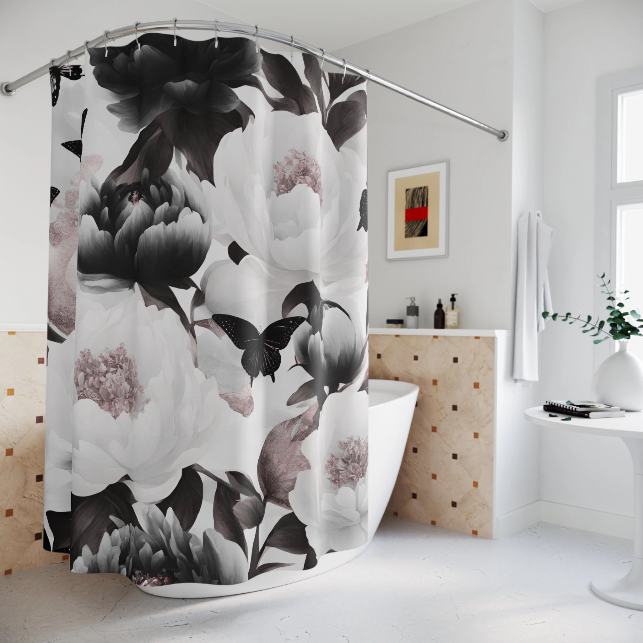 Floral  Shower Curtain | Black White Butterflies
