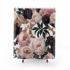 Floral  Shower Curtain | Burgundy Blush Pink, Beige Butterflies Lighting,Home Lighting