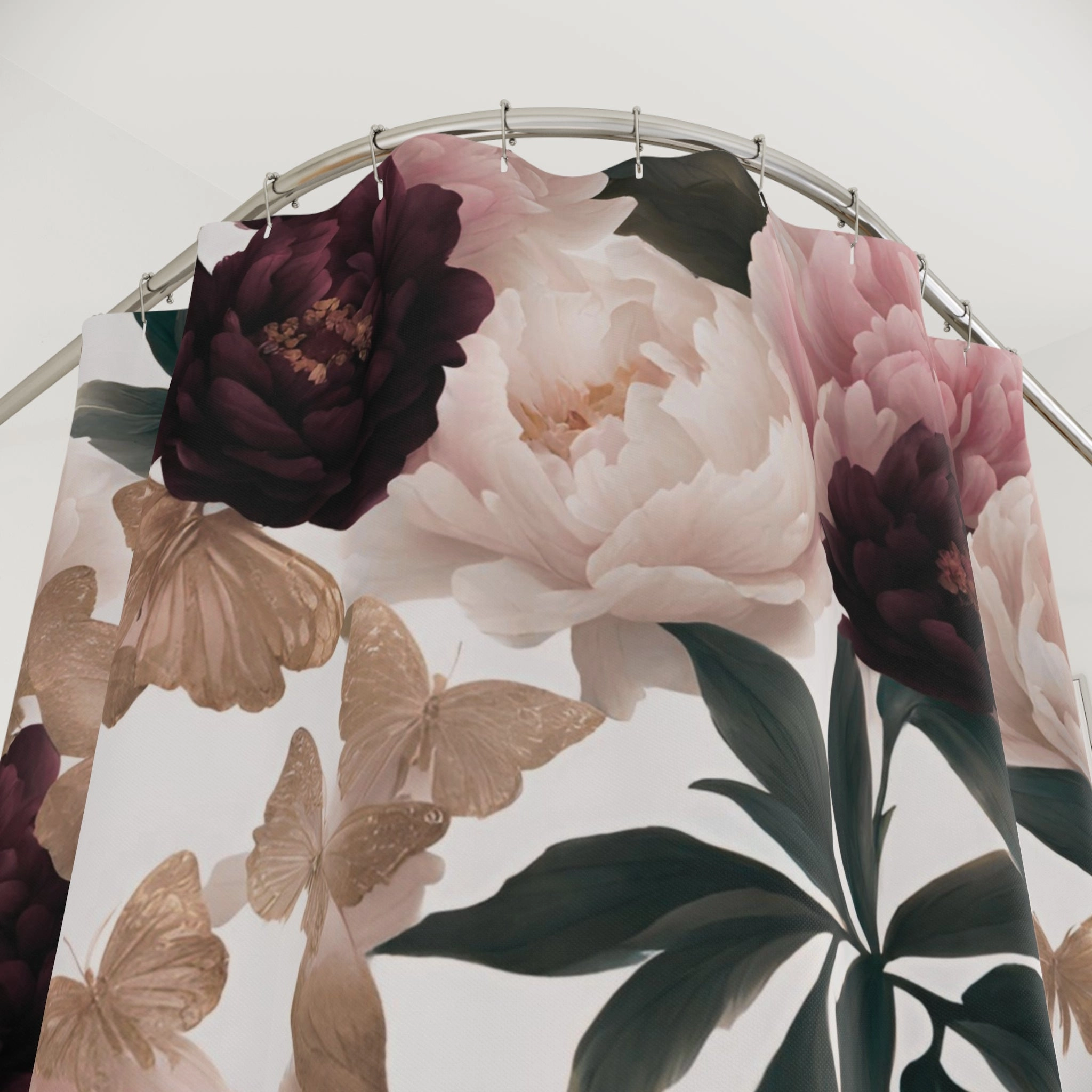 Floral  Shower Curtain | Burgundy Blush Pink, Beige Butterflies